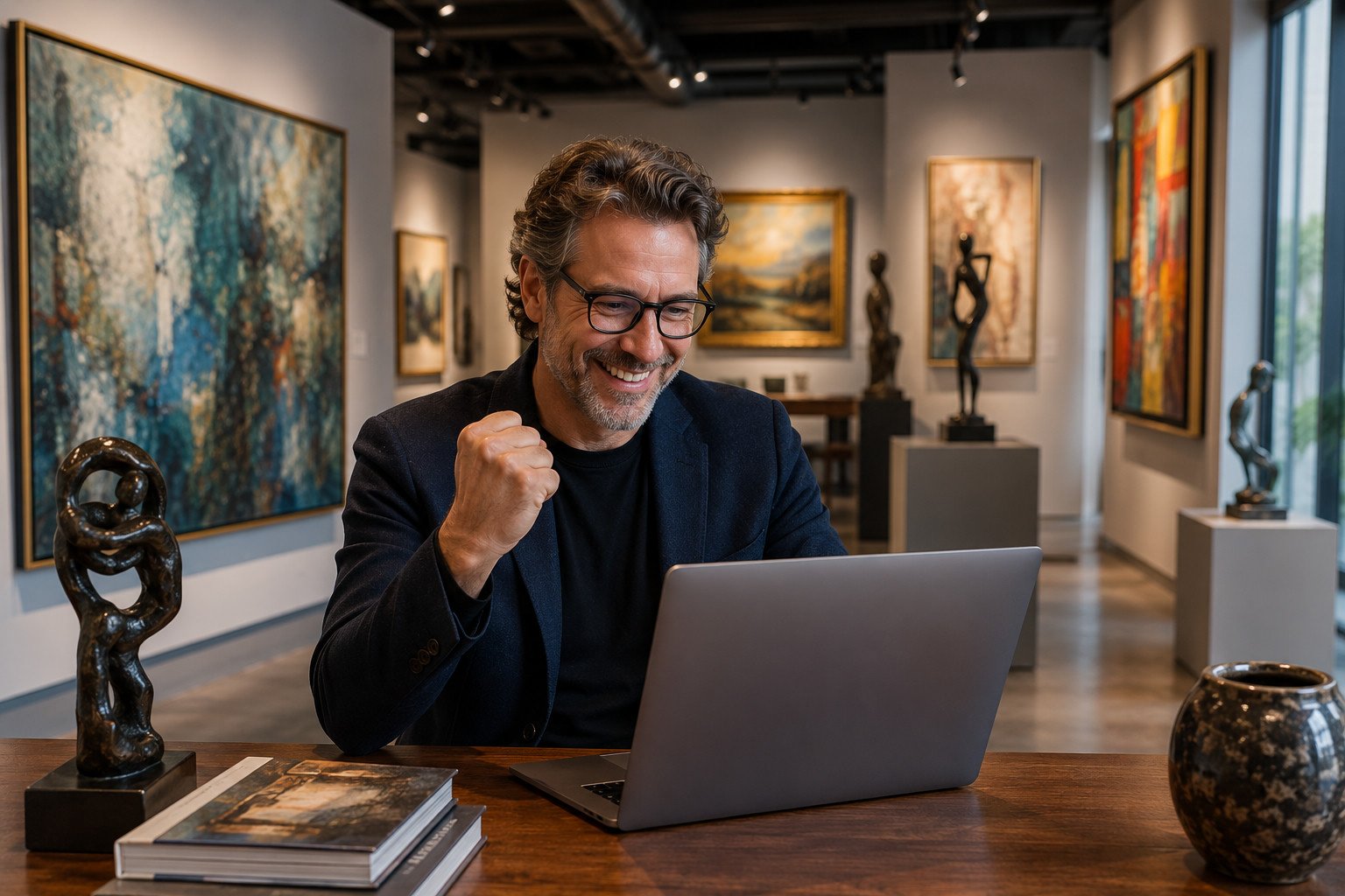 Smiling gallery owner growing art sales with Betterwork AI art gallery management CRM software on a laptop