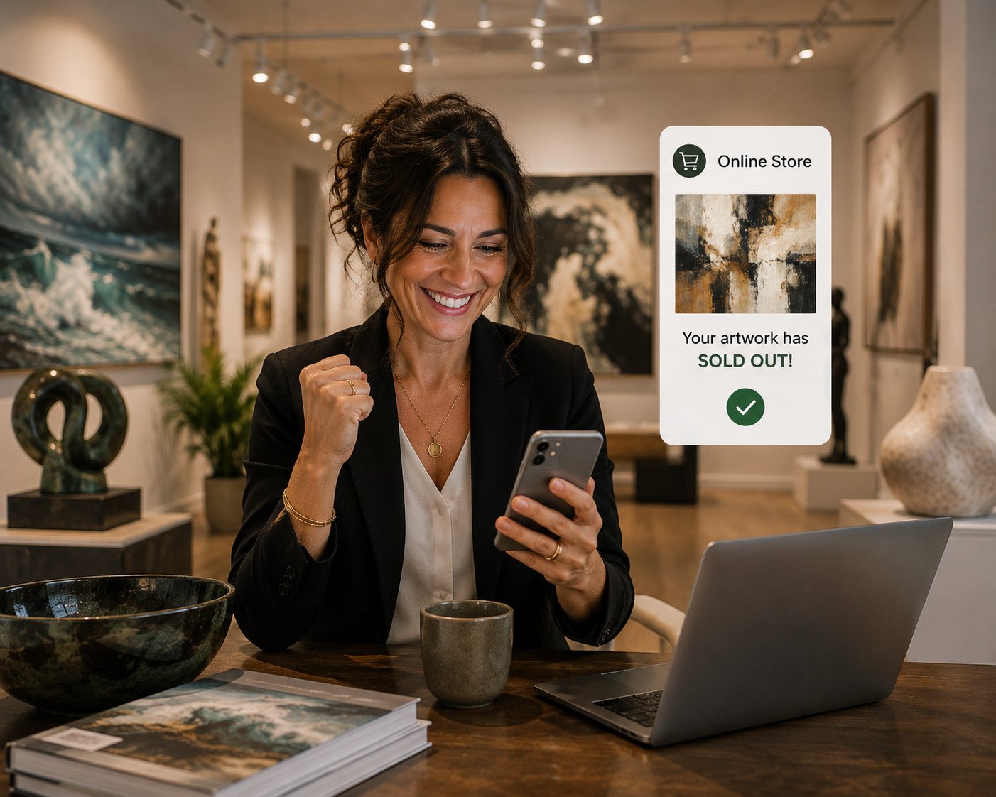 Gallery owner getting a real-time SOLD OUT sale notification on her phone