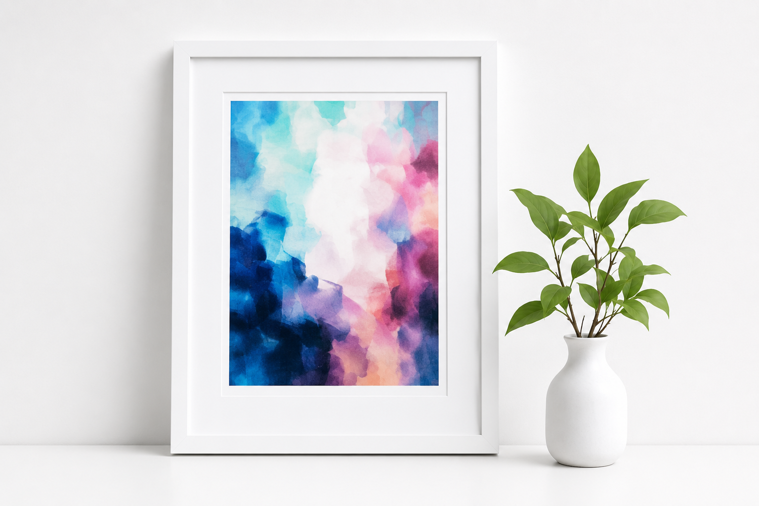 Abstract watercolor art gallery print framed with plant decoration for pricing section